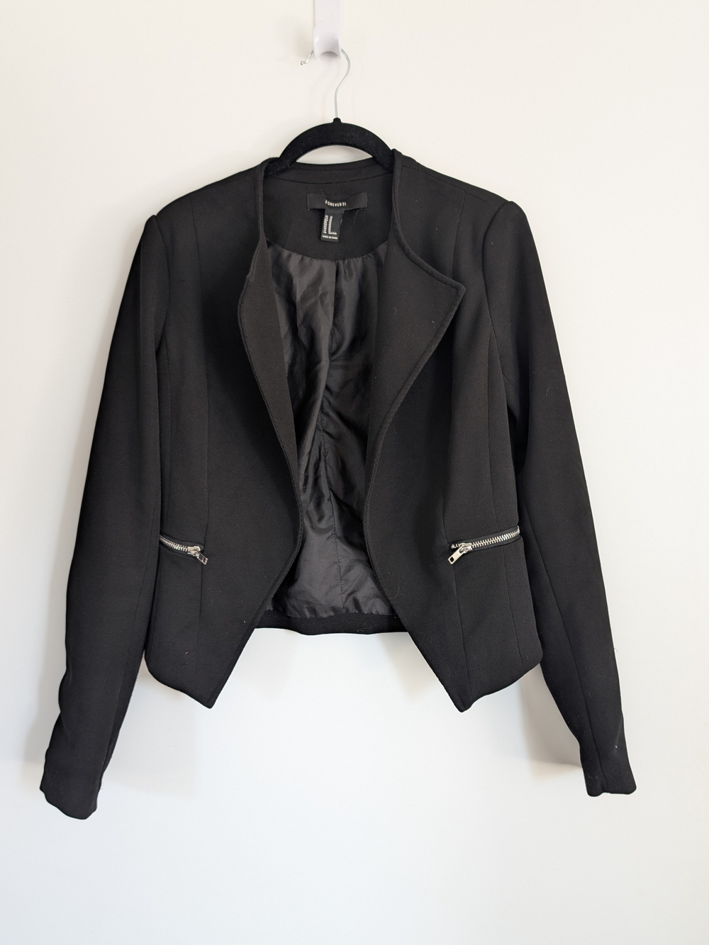 Forever 21 Black Cropped Open Blazer with Zipper Pockets